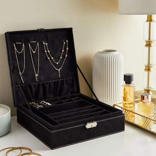 Miniatura 5 de Caja organizadora de alhajas con dos capas con cerradura y llave, textura de terciopelo, charola extraíble, compacta, amplio espacio de Negro