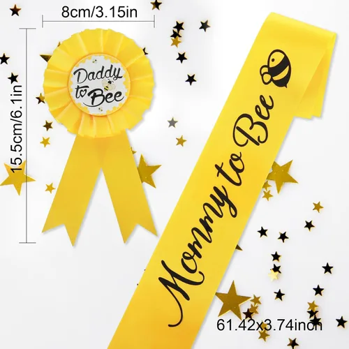 Miniatura 2 de Decoraciones de baby shower, 2 paquetes de banda amarilla de mamá a abeja y insignia de papá a abeja, decoraciones de revelación de género de abeja