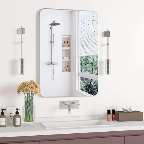 Miniatura 2 de Manocorro - Espejo de baño de esquina redonda, 20 x 28 pulgadas, color plateado Lightweight,wall mounted,HD tempered glass,sturdy aluminum