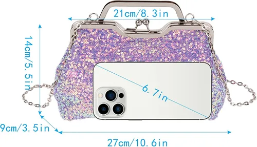 Miniatura 7 de Mini bolso de noche con lentejuelas con purpurina para mujer, bolso de mano de metal con asa superior, correa de cadena, bolso cruzado
