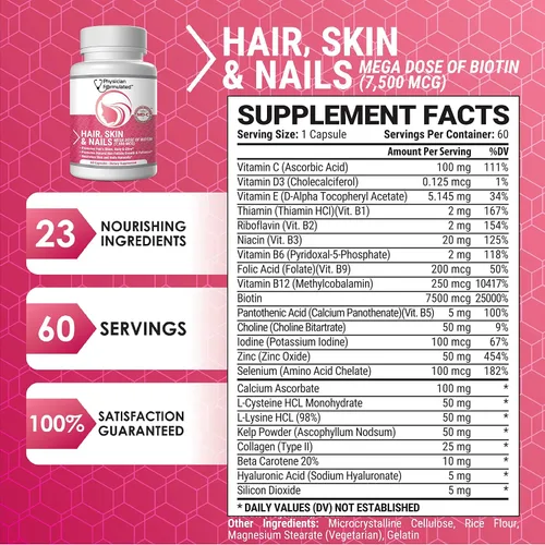 Miniatura 4 de Vitaminas para cabello, piel y uñas sanos creado por médicos para hombres y mujeres. 0.00026 oz. de biotina, aminoácidos, colágeno y ácido