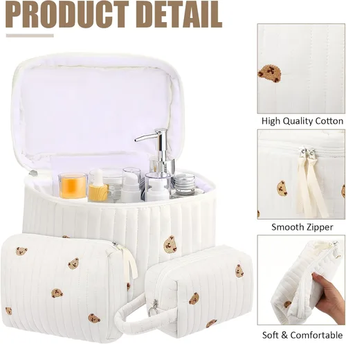 Miniatura 4 de Paterr Juego de 3 bolsas de maquillaje acolchadas grandes de algodón para mujer, bolsa organizadora de artículos de tocador de viaje para Azul
