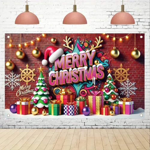 Cartel de Feliz Navidad de 71 x 43 pulgadas, caja de regalo, adorno de árbol, decoración de fondo de fotografía para fiestas de invierno