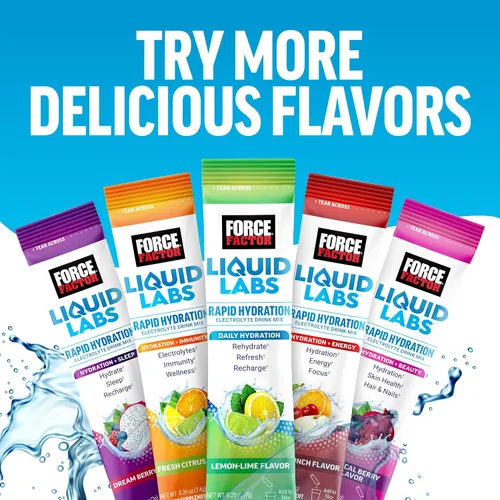 Miniatura 6 de Force Factor Liquid Labs Paquetes de Polvo de Electrolitos—Fruta Tropical—Paquetes de Hidratación para Hacer Agua de Electrolitos, con 5