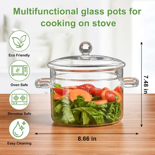 Miniatura 2 de Ollas de vidrio para cocinar en la estufa, olla a fuego lento de 1.5L/50 onzas con tapa, alto borosilicato, olla de vidrio de seguridad resistente