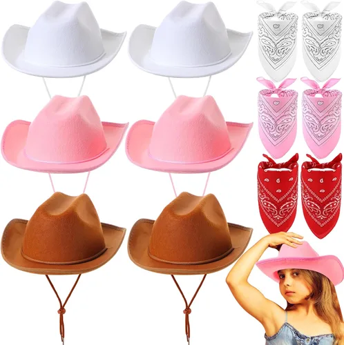 Miniatura 11 de Unittype Juego de 12 sombreros de vaquero para niños, sombrero de vaquera occidental y bandanas de poliéster para niños y niñas, disfraces