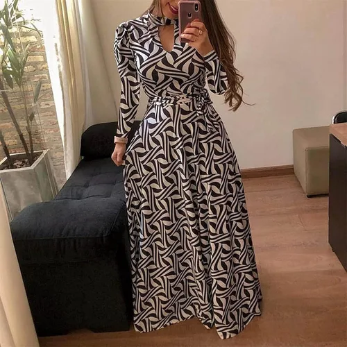 Miniatura 2 de FOVIGUO Vestido largo de manga larga con abertura para mujer, estampado floral, elegante, con cinturón