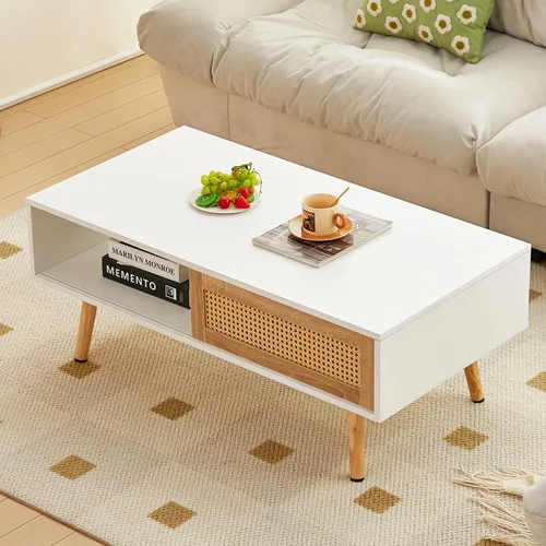 Miniatura 3 de Mesa de centro moderna de mediados de siglo con almacenamiento, mesa rectangular de madera de 41.3 pulgadas con panel de puerta deslizante de ratán