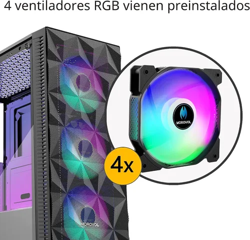 Miniatura 2 de MOROVOL Carcasa para PC con 4 ventiladores RGB preinstalados, carcasa de computadora ATX para juegos con malla frontal en forma de diamante y panel