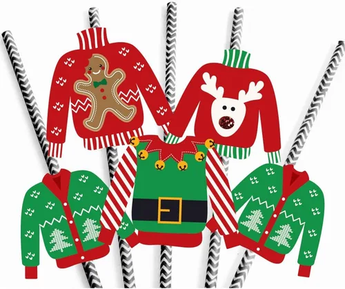 Miniatura 6 de Big Dot of Happiness Juego de 24 pajitas decorativas de papel para suéter feo, para fiestas de Navidad y Navidad