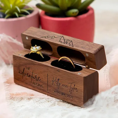 Miniatura 3 de Yonhi Joyeros de doble anillo con nombre personalizado, caja de anillo de madera personalizada, propuesta, compromiso, ceremonia de boda, caja