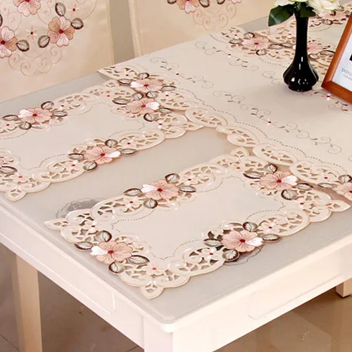 Juego de 4 manteles individuales bordados con flores rosas, 17 x 11 pulgadas, rectangulares, clásicos, de encaje, beige, decoración del hogar,