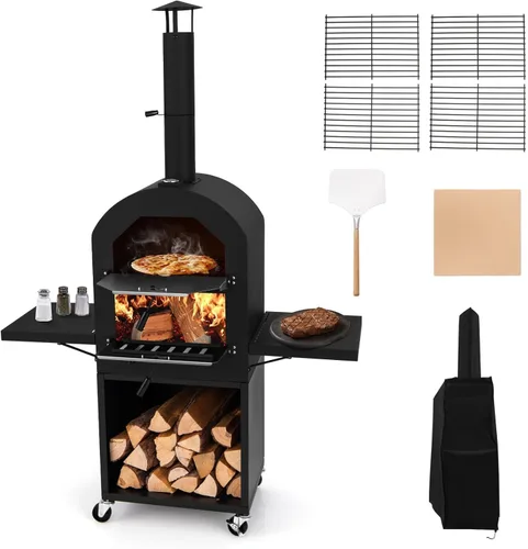 Miniatura 9 de Happygrill Horno de pizza para exteriores de leña, pizzero portátil con parrilla y piedra, rejillas de cocción, termómetro incorporado, cubierta