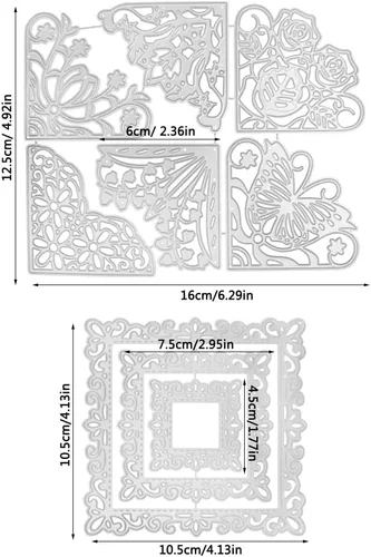 Miniatura 2 de 3 troqueles de corte de marco cuadrado de esqueleto, 9 piezas de troqueles de encaje de esquina de metal, flores, mariposas, plantilla en relieve