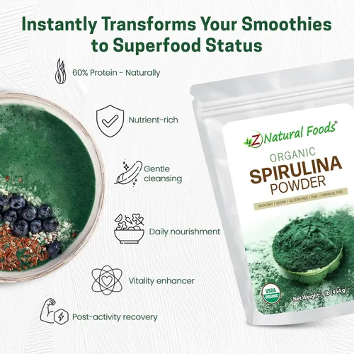 Miniatura 3 de Z Natural Foods Polvo de espirulina orgánica – Espirulina 100% pura, superalimento de algas azul-verdes densas en nutrientes con aminoácidos, 15