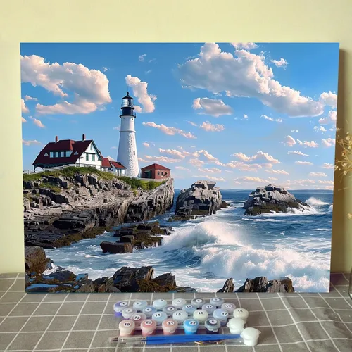 Miniatura 10 de Pintura de faro de fantasía, pintura dramática por números, 16 x 20 pulgadas, lienzo para bricolaje, pintura al óleo del océano tropical