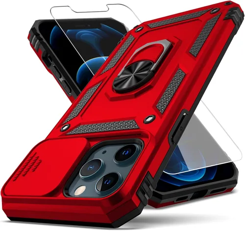 Funda para iPhone 12 Pro Max, con cubierta para lente de cámara, protector de pantalla HD, [grado militar] anillo de montaje en coche con soporte