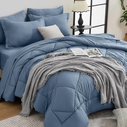 Miniatura 24 de HEVUMYI - Juego de edredón King de 7 piezas para todas las estaciones, cama en una bolsa, ultra suave, juego de cama con edredón, sábana plana, Azul
