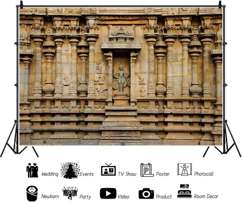 Miniatura 3 de AOFOTO Telón de fondo tallado de templo hindú de 5 x 4 pies de Thanjavur, antiguas columnas de templo Brihadishvara, ídolos tallados en fondo