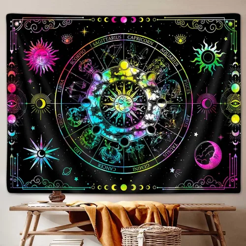 VEIGIKE Tapiz de constelación de astrología del zodiaco, colorido sol y luna, estrellas, tapices para colgar en la pared para adolescentes, niños y