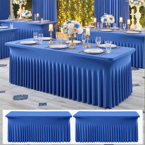 Miniatura 13 de Paquete de 2 manteles de elastano azul bebé de 6 pies con falda de mesa con volantes, manteles ajustables elásticos sin arrugas para mesas