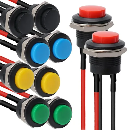 Miniatura 9 de STARELO 5 piezas de interruptor de botón momentáneo redondo de 16 mm SPST 3A AC250V/6A AC125V 2Pin 1NO con cable presoldado R13-507 (negro).
