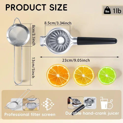 Miniatura 2 de Exprimidor de limón de acero inoxidable 304, exprimidor manual de cal con 13 agujeros de filtro y colador fino, exprimidor de cítricos resistente
