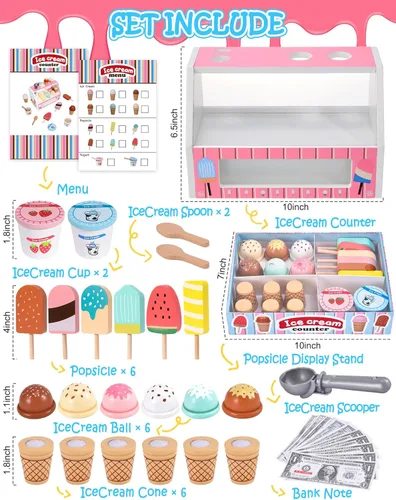 Miniatura 2 de Juguetes de helado de madera para niños, tienda de juegos de cocina para niños pequeños, accesorios de cocina con cucharada, menú y dinero falso