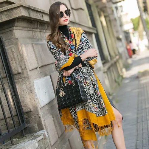 Miniatura 3 de DANA XU 100% pura lana merino extra grande pashmina cachemira bufanda chal y envoltura para mujeres invierno manta floral de gran