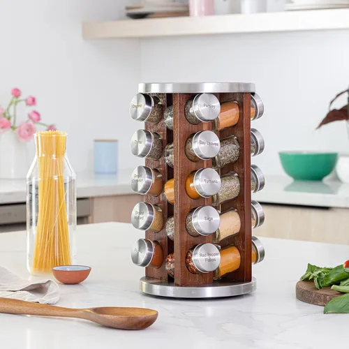 Miniatura 2 de Orii Repisa para 20 tarros de madera de acacia oscura con especias incluidas - Organizador giratorio en torre para especias y condimentos de cocina