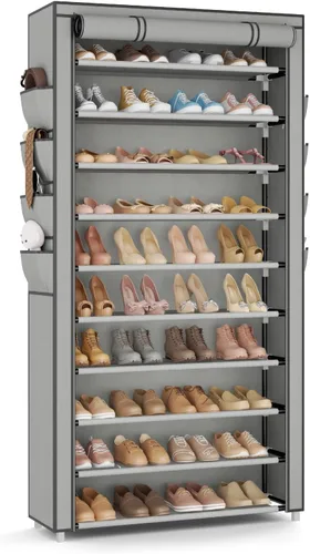 Miniatura 10 de VTRIN Zapatero con tapa, organizador de zapatos de 7 niveles para 35-40 pares de zapatos y botas, estante alto de gran capacidad con 8 bolsillos