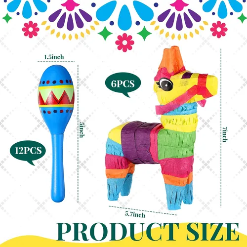 Miniatura 3 de Hungdao 36 piezas de decoración de fiesta mexicana incluyen 12 maracas de madera a granel, 6 mini piñatas de burro mexicanas para decoraciones