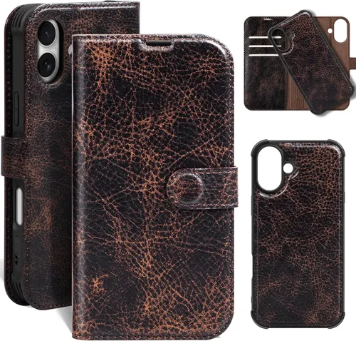 Miniatura 43 de Funda de cuero compatible con iPhone 16 Pro Max Cartera 6.9", cuero genuino 2 en 1, magnética, desmontable, a prueba de golpes, funda tipo folio