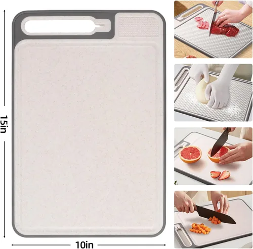 Miniatura 6 de Tablas de cortar 2 en 1 no tóxicas para aficionados a la cocina gourmet, acero inoxidable 304 y paja de trigo de grado alimenticio, diseño de doble
