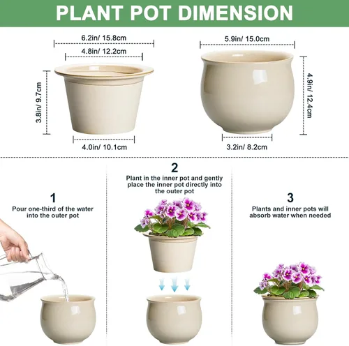 Miniatura 2 de Macetas de riego automático de 6 pulgadas para plantas de interior, macetas de cerámica violeta africana con maceta interior absorbente, maceta