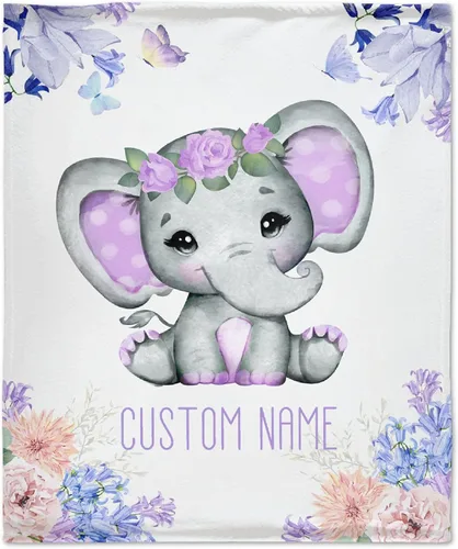 Miniatura 15 de Manta personalizada de elefante azul floral con nombre para niñas, manta con nombre personalizado para niños pequeños, regalos personalizados