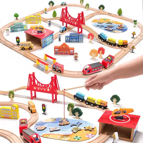 Juego de tren de madera de 118 piezas, juego de tren urbano con tren eléctrico y juego de pesca, compatible con las principales marcas, regalo ideal