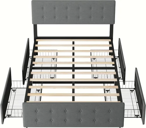 Miniatura 7 de GAOMON Base de cama de tamaño matrimonial con 4 cajones de almacenamiento y cabecero, base de colchón tapizada con plataforma completa, base
