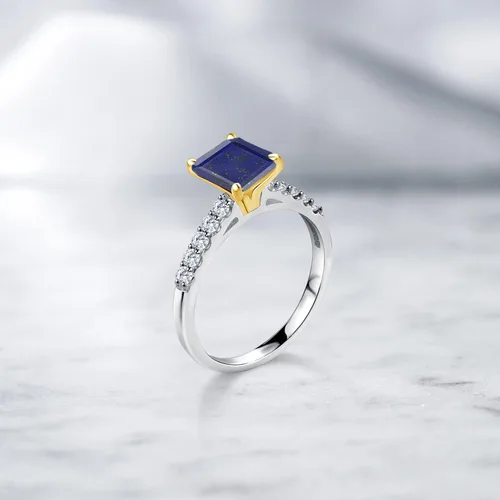 Miniatura 4 de Gem Stone King Anillo de compromiso de plata de ley 925 y oro amarillo de 10 quilates con corte esmeralda azul y lapislázuli blanco creado