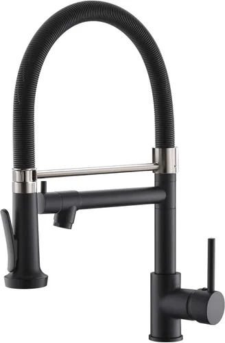 Grifo de cocina extraíble con rociador, Fapully - Grifo de fregadero de cocina comercial negro primaveral con níquel cepillado