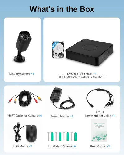 Miniatura 9 de Sistema de cámara de seguridad con cable de 4 canales 1080P, DVR CCTV AIWIXEN con disco duro de 512GB, 4 x cámaras de vigilancia para el hogar IP68