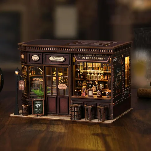 Miniatura 2 de Kit de rincón de libros, kit de casa de muñecas en miniatura con muebles y luz LED, rompecabezas 3D, sujetalibros de arte de madera, kits