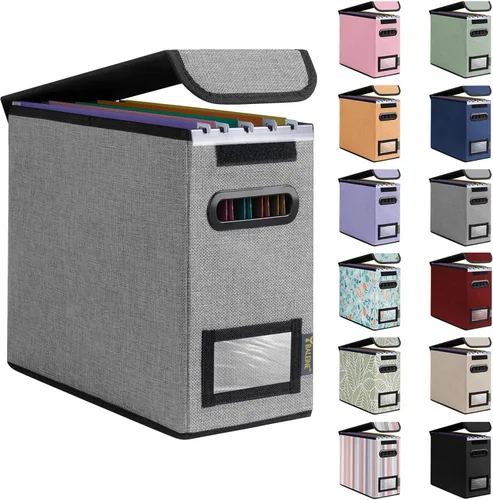 Miniatura 26 de Caja organizadora de archivos Baleine con tapa, organizador de carpetas de archivos plegable con deslizador de plástico, caja de carpetas