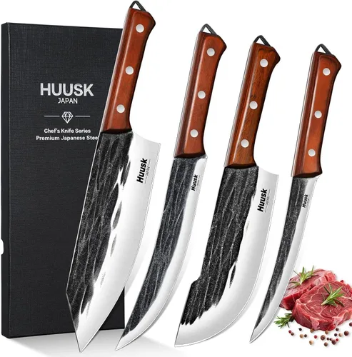 Huusk Juego de Cuchillos de Carnicero, 4 Piezas Juego de Cuchillos de BBQ Forjados a Mano para Cortar Carne, Cuchillos Afilados para Tallar y