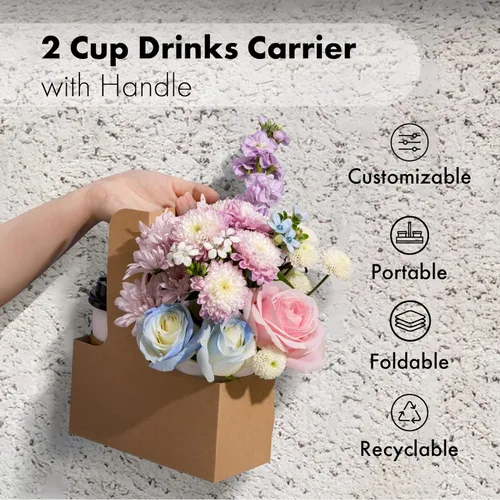 Miniatura 3 de FMP Brands Portabebidas desechable de 2 tazas con asa, paquete de 250 portadores de bebidas con mango de cartón kraft de 8 a 32 onzas, soporte