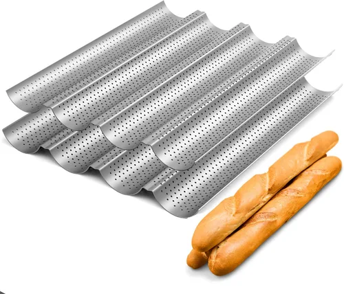 Tiawudi Paquete de 2 Moldes Perforados Antiadherentes para Baguette de 15" x 13" para Hornear Pan Francés 4 Panes Ondulados Molde para Hornear Pan