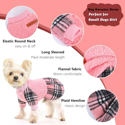 Miniatura 6 de Suéter para perro, ropa de invierno para perros pequeños, niño y niña, vestido de otoño para perrito, forro polar cálido, chihuahua, Yorkie, Tartán