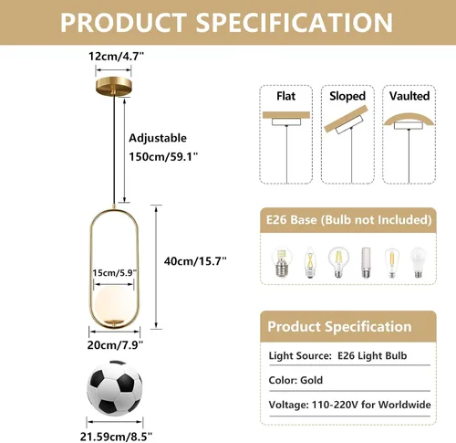 Miniatura 2 de KCO Moderna lámpara colgante de globo de vidrio de 1 luz, lámpara colgante dorada y blanca, iluminación colgante minimalista de latón cepillado