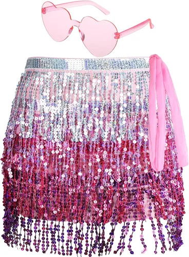 Sureio Belly Dance Sequins Skirt for Waist Circumference 31.5 Inch Christmas Sparkly Fringe Skirt Heart Sunglasses for Women