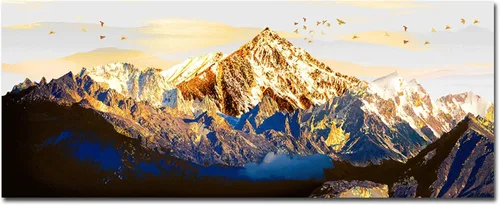 Imprimir sobre lienzo. Cartel de la naturaleza Cuadros abstracta del paisaje de la montaña de la nieve del oro. Impresiones en lienzo Arte de la